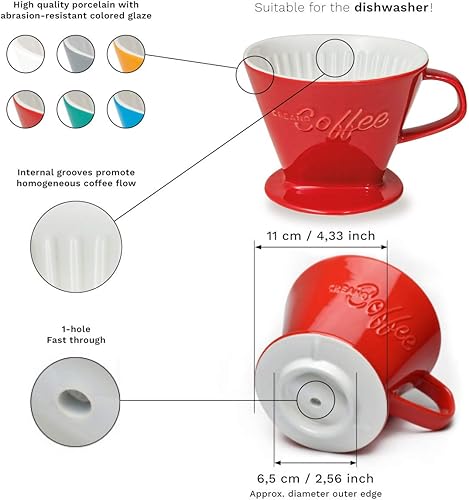 Miniatura 5 de Creano Gotero de café de porcelana XXL azul  Cerámica Cone Brewer  Pour Over Coffee Maker  Filtro tamaño 4  gran calidad 800 gr28 oz  6 colores