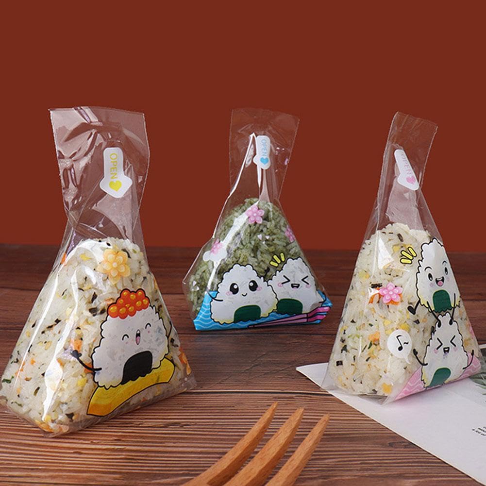 100Pcs Triangle Onigiri Wrappers, Plastic Rice Balls Bags, Cute Pattern Easy Tear for Onigiri Rice Ball Nigiri Sushi and Triangle Kimbap
