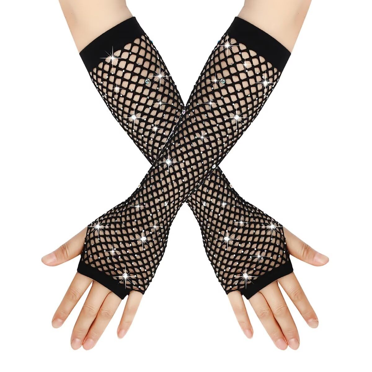 Seeksmile Women's Fishnet Rhinestone Gloves - 80s Theme Party Punk Fishnet Fingerless Costume Halloween Gloves, black, One size