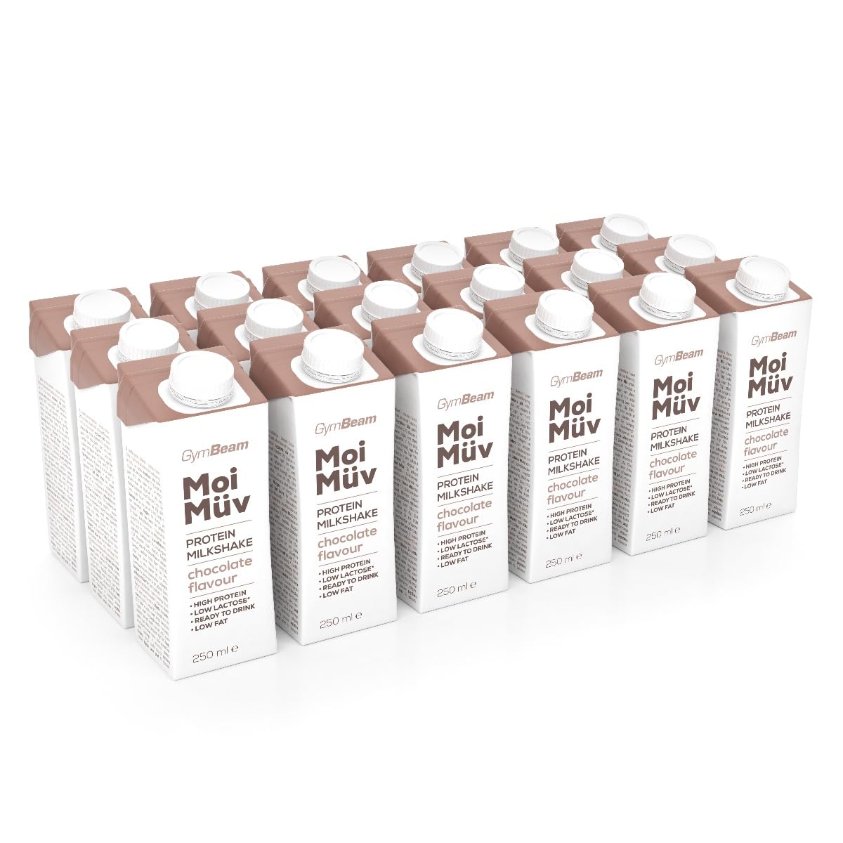 GymBeam Milkshake Proteico MoiMüv 18 x 250 ml, Bevanda Pronta da Bere con 25g di Proteine, A Basso Contenuto di Grassi e Lattosio, Senza Dolcificanti Artificiali e Glutine (Chocolate)