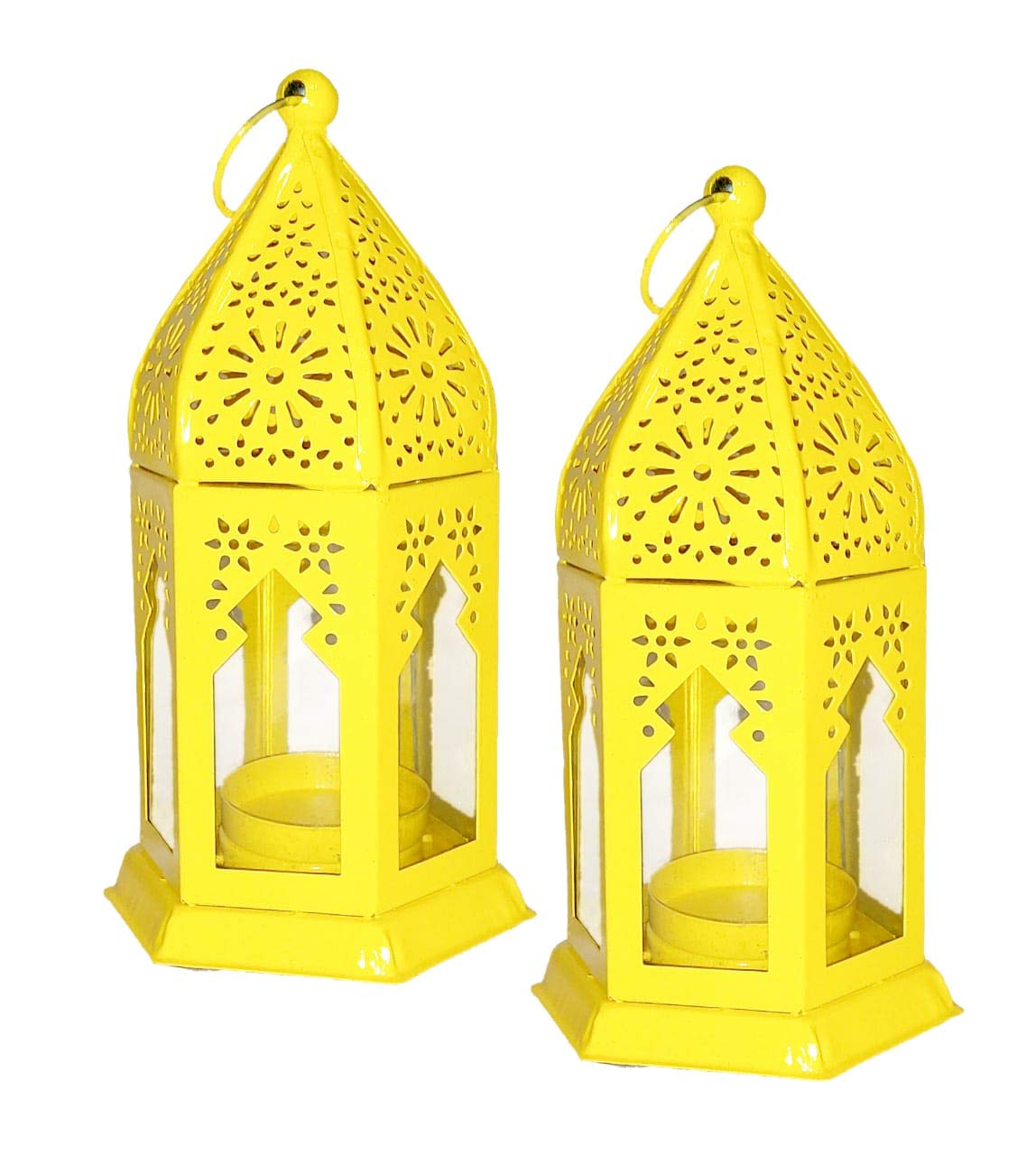 BWO Beautiful Collection Decorative Hanging Lantern/Lamp with t-Light Candle, Set of 2 (Size 10X10X24 cm) Silver Blue