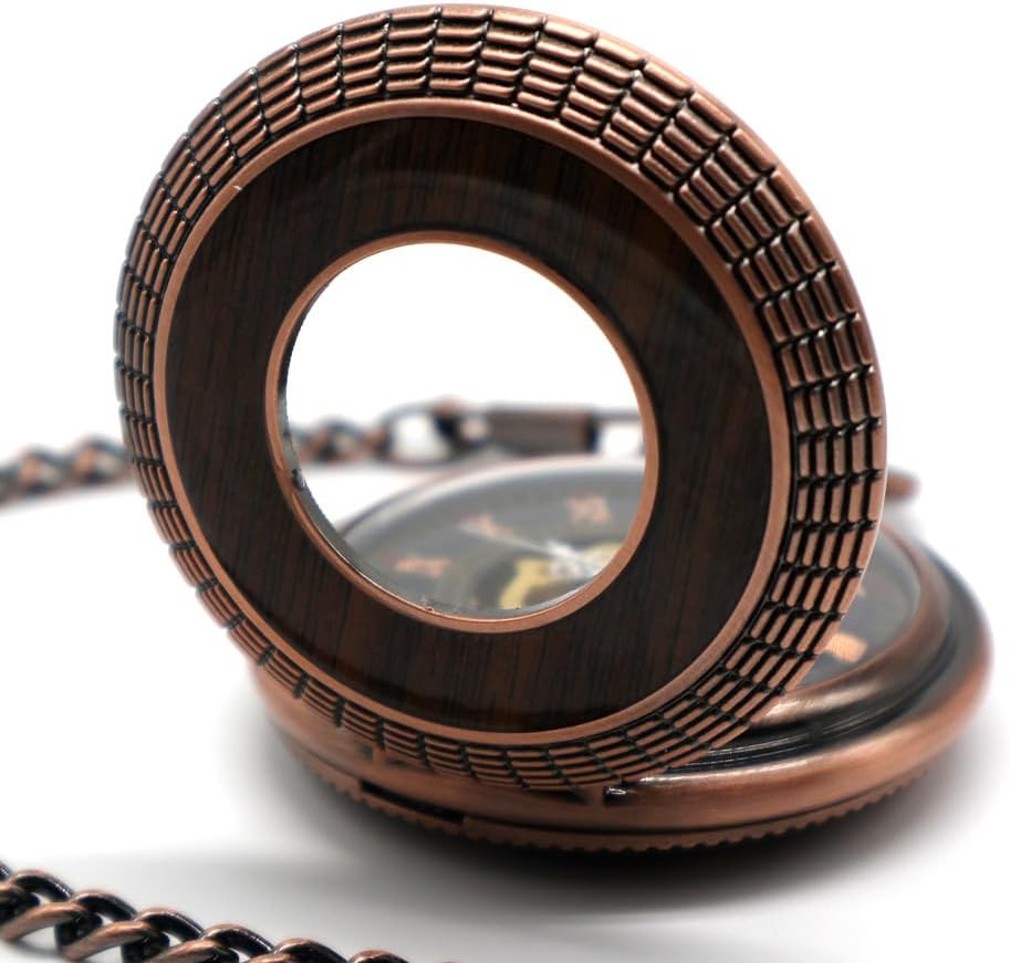VIGOROSO Men's Hand-Wind Mechanical Pocket Watch Vintage Steampunk Wood Grain Hollow Design with Chain and Box