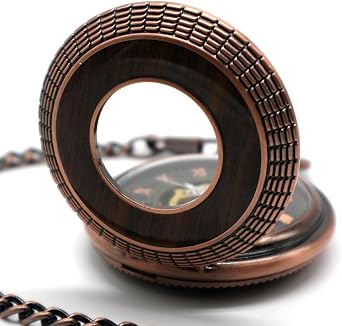VIGOROSO Men's Hand Wind Mechanical Pocket Watch Vintage Steampunk Wood Grain Hollow Design with Chain and Box, rose gold