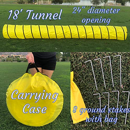 Rise8 Studios Dog Agility Tunnel | Pet Training Equipment | Rip and Tear Resistant | Includes Carry Bag and Ground Stakes | Made of 420D Polyester 24” Diameter, 18’ Long (Yellow)