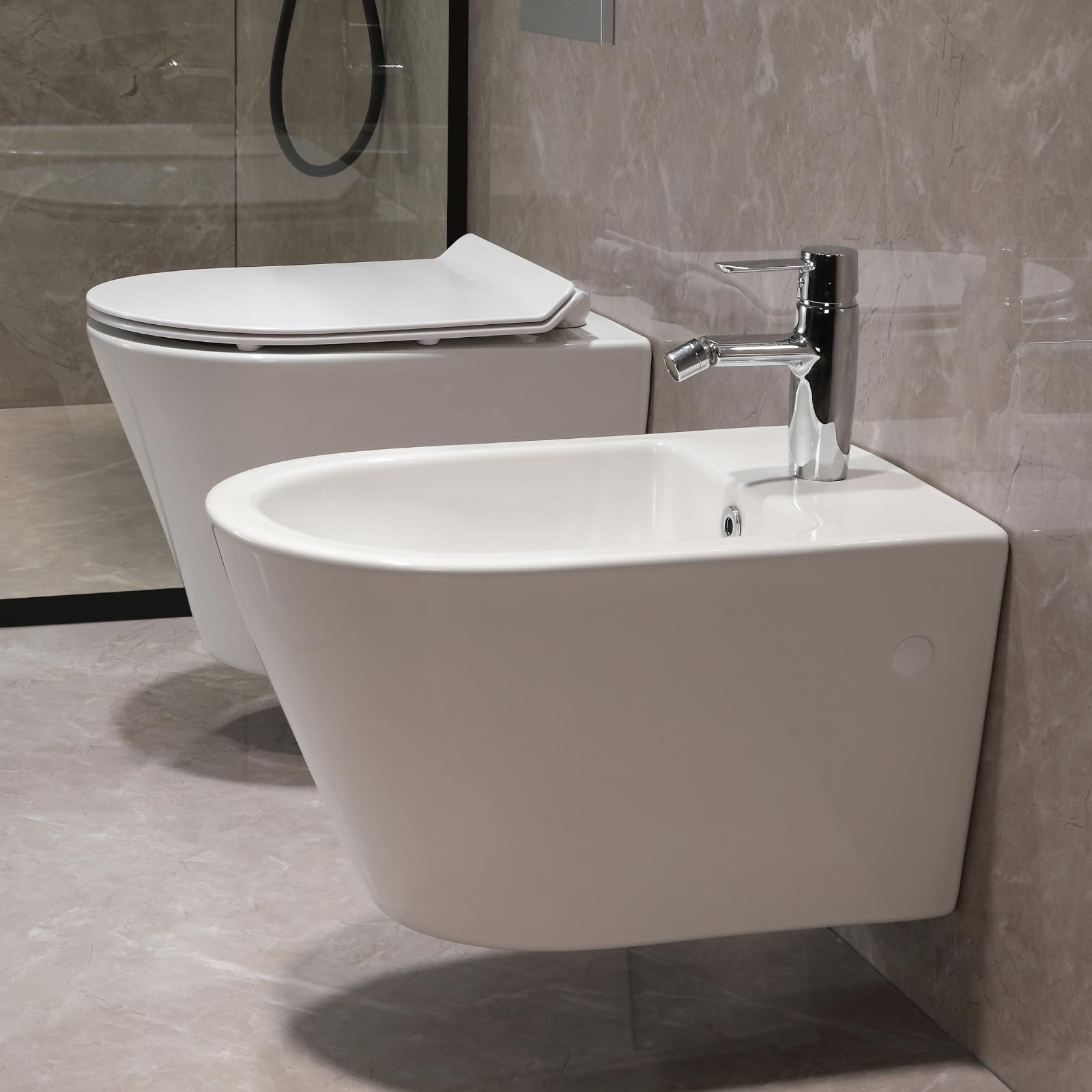 Set WC sospeso senza bordi per WC con sospensione bidet – WC da parete con rivestimento nano – WC con sedile WC con abbassamento automatico – bidet da parete per doccia intima – bidet doccia igienica
