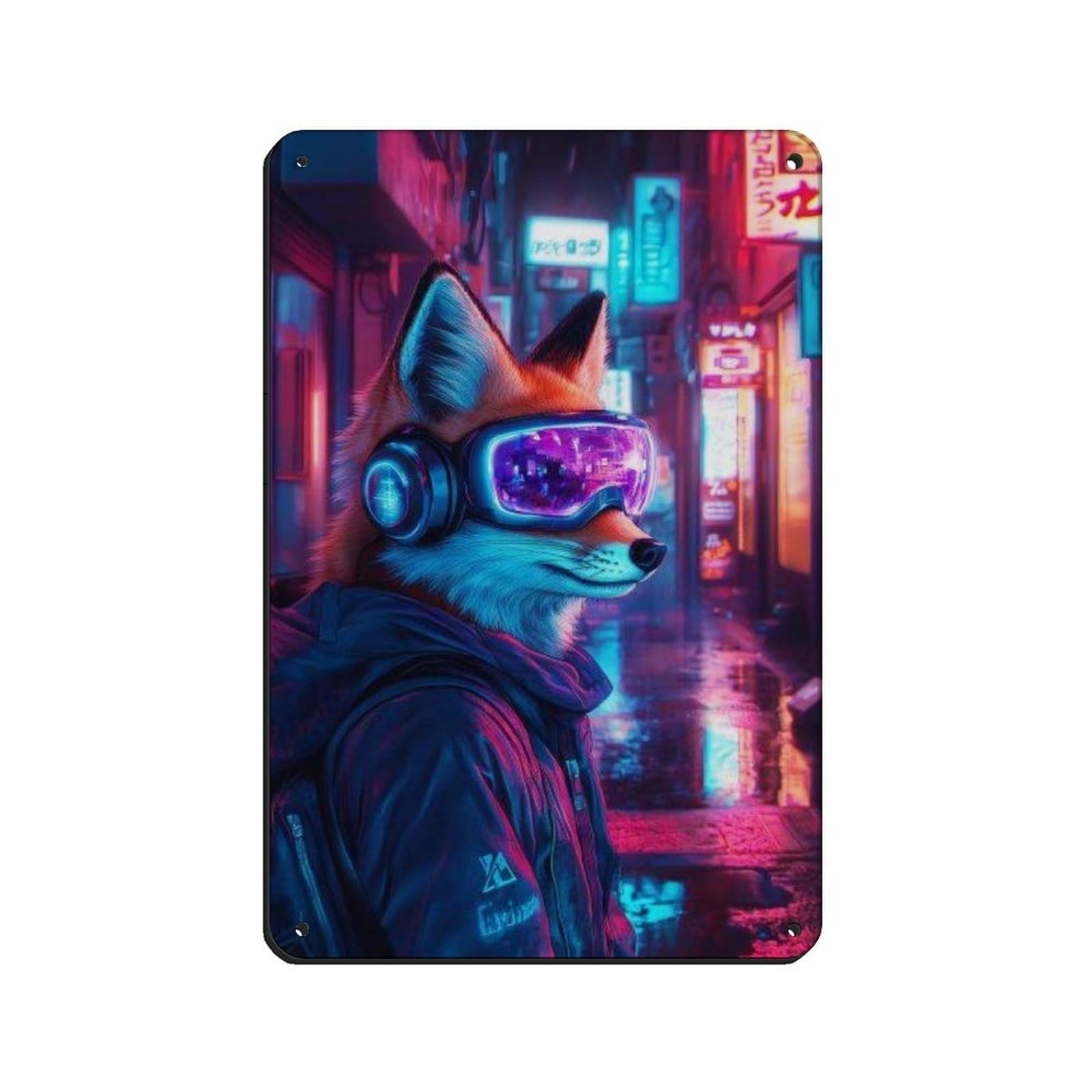 Lxwnze 20L X 30W Cm Futuristic Cyberpunk Fox, Neon Cityscape Decor Tin Sign Vintage Metal Pub Club Cafe Bar Home Wall Art Decoration Poster Retro 8X12inch(20X30cm)