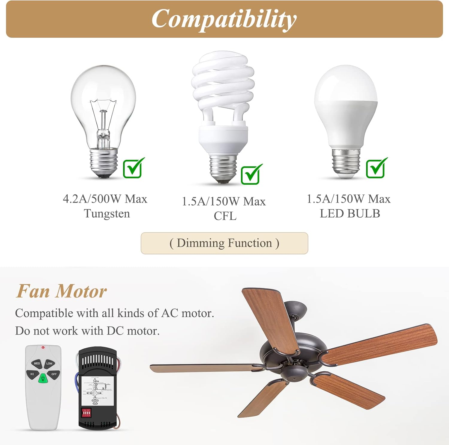 Universal Ceiling Fan Remote Control Kit, Replacement for Harbor Breeze Hampton Bay Hunter Litex, 3 Speed Control with Light Dimmer, Included FAN28R Receiver and Wall Mount