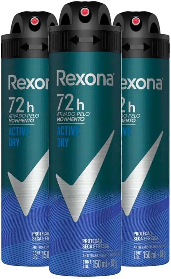 Kit Desodorante Aerosol Rexona Active Dry/Azul 150ml - 3 Unidades