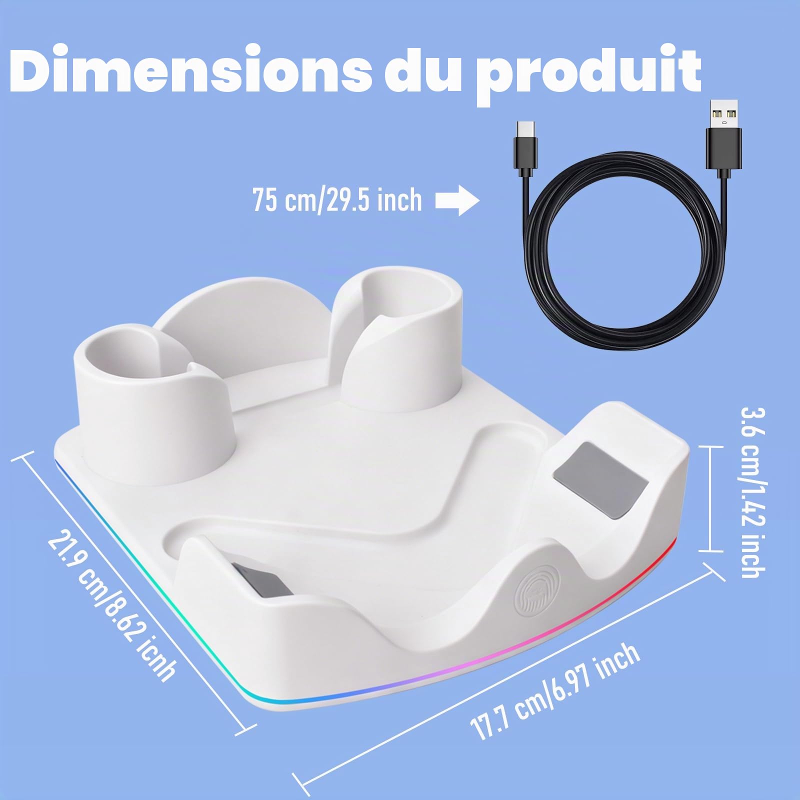 Station de Charge Compatible avec Meta Quest 2/3/3S, Support de Chargeur pour Casque avec Lumière RVB, Station de Recharge Rapide pour Casque VR
