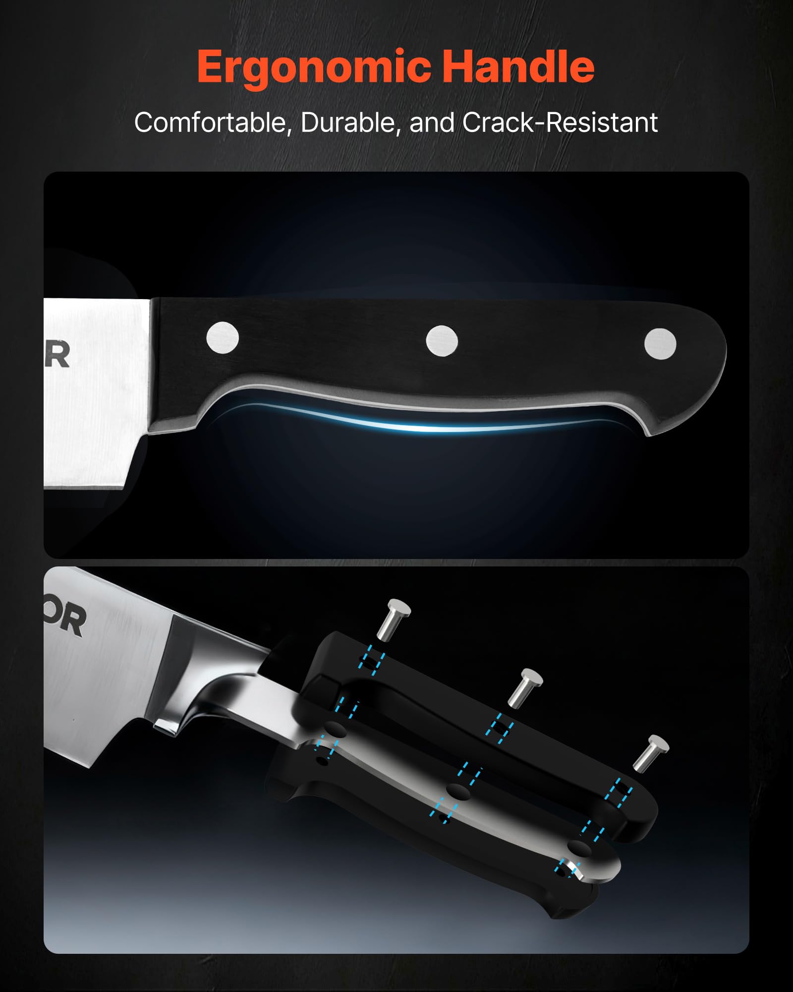 VEVOR Set di Coltelli da Cucina con Ceppo Portacoltelli Legno di Gomma e Acciaino da 15 Pezzi in Acciaio Inossidabile ad Alto Tenore di Carbonio, Coltello da Cucina con Impugnatura Ergonomica in ABS