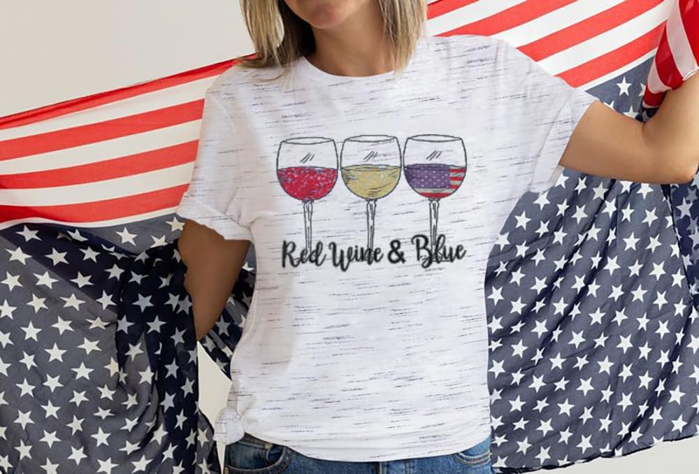 Patriotic Shirts for Women Red White and Blue Shirts American Flag Shirt 4th of July Tops Funny Wine Glass Graphic Tees