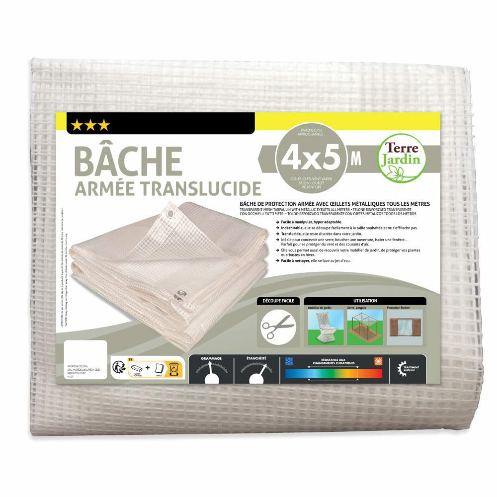TERRE JARDIN Bâche de Protection, Extérieur Polyéthylène 160g/m² - Bâche Armée Imperméable, Ultra Résistante Découpable, Anti UV - Œillets Aluminium - Mobilier Serre Jardin - 4 x 6 - Transparent