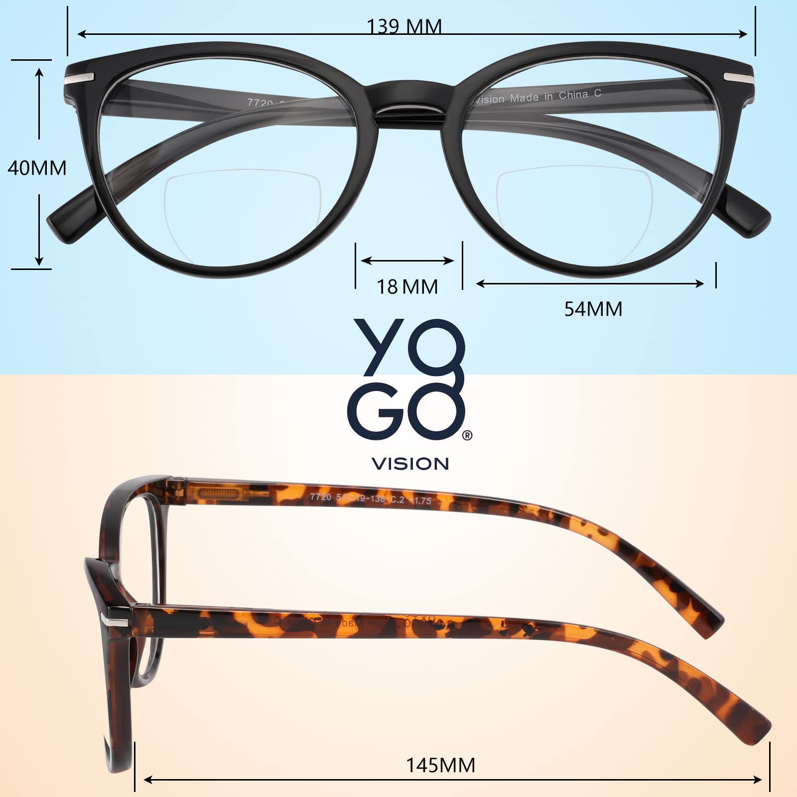 Success Eyewear Yogo Vision Gafas de lectura bifocales para hombres y mujeres, rectangulares, multifocales, con bisagras de resorte, diseño retro, 1.5