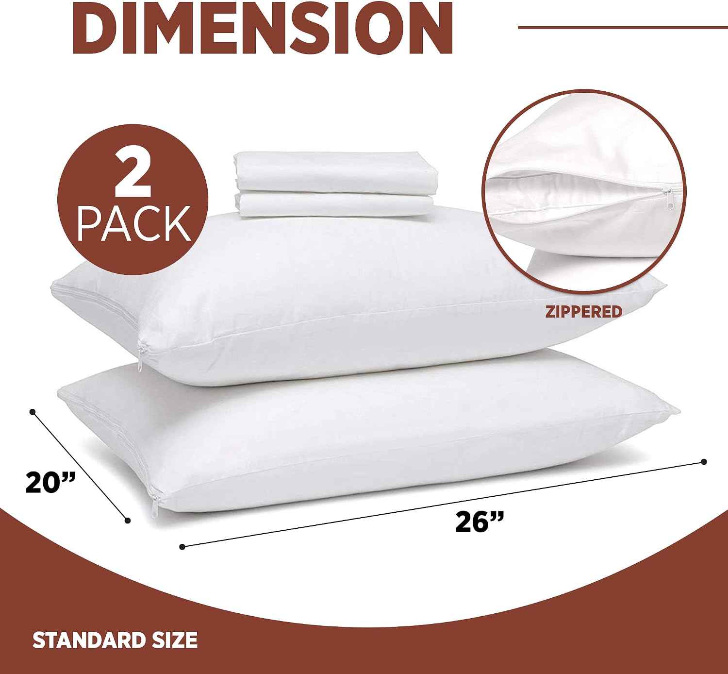 BETTER BED COLLECTION Zippered Pillow Protector Cover, Poly Cotton Only Quality Fabrics Used Pillowcase with Zipper, Noiseless and Breathable (2 Pack, Standard 20x26)
