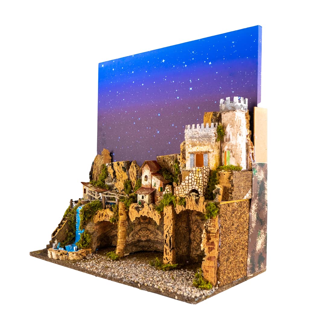 Holyhome Crèche 60 x 34 x 44 cm (23,62 x 13,38 x 17,32 pouces) avec lumière et ciel étoilé en fibres optiques, fabriquée et peinte à la main, fabriquée en Italie