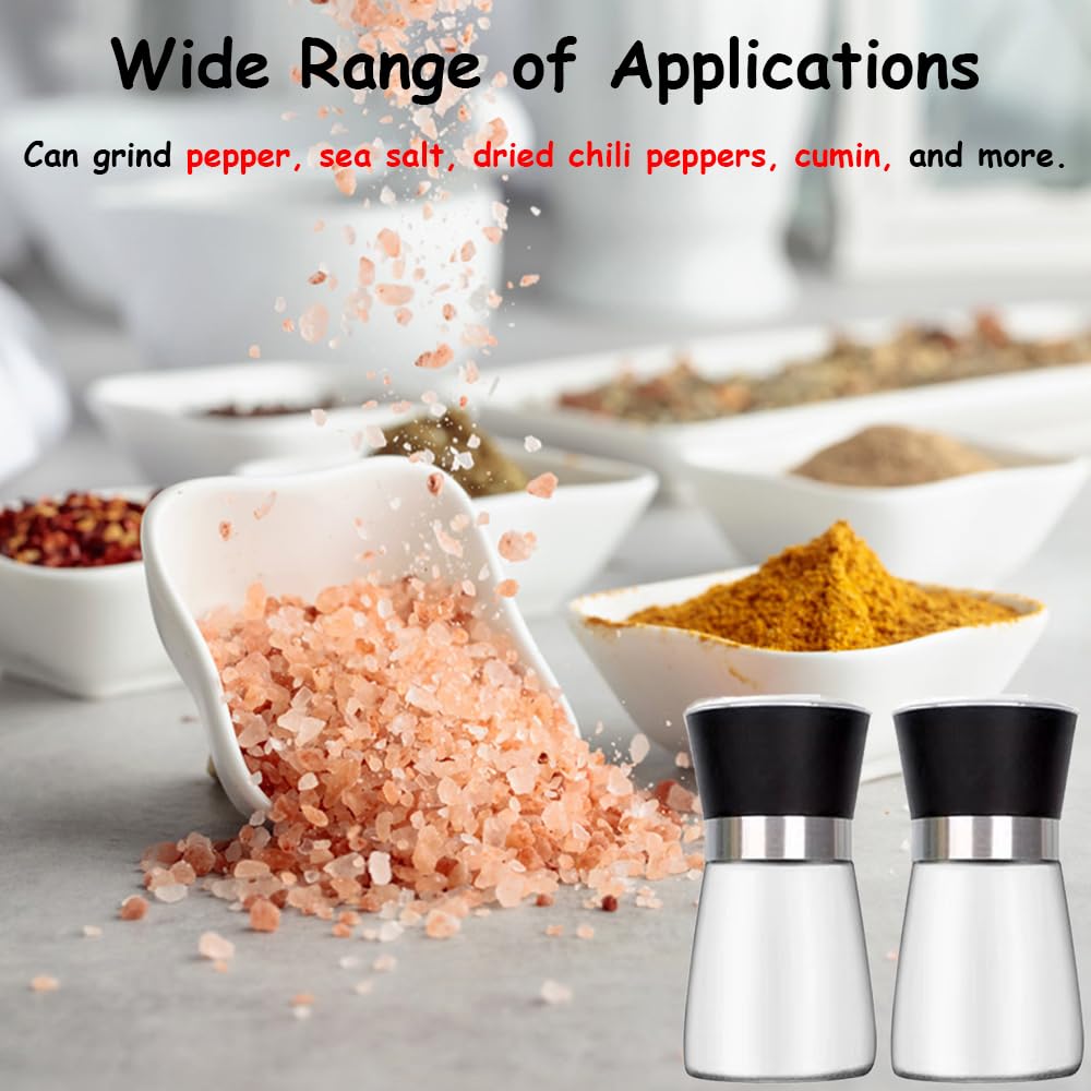 Juego de 2 molinillos de sal y pimienta de acero inoxidable y cristal con muela de cerámica ajustable – Ajustable manualmente para especias recién molidas, accesorios de cocina