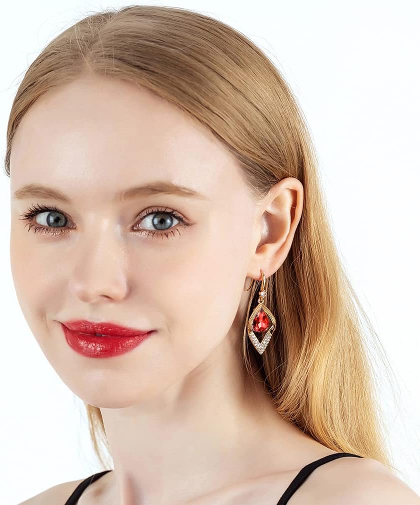 Austrian Crystal Teardrop Hollow Leaf Drop Dangle Earrings for Women 14K Rose Gold Plated Hypoallergenic Jewelry - Image 9