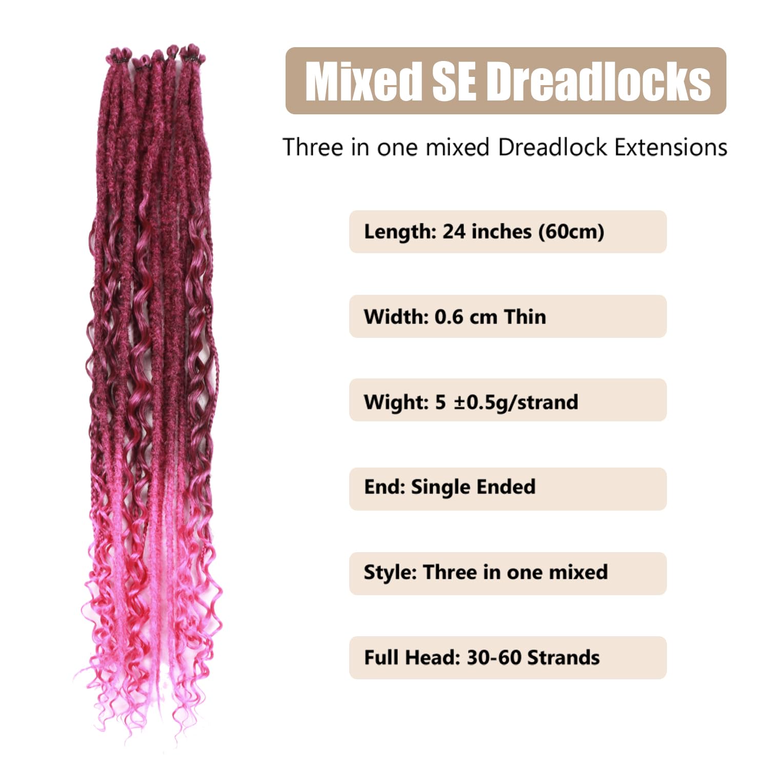 24 Inch Synthetic Dreadlock Extensions Hippie Single Ended Dreads 0.6 cm Width Loc Extensions Reggae Style Crochet Hair for Women (T1B/Roseo - Image 2