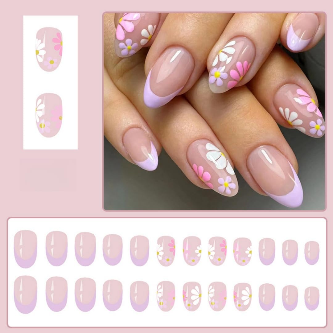 SXVME Floral French Tip Press on Nails Medium Almond - Image 2