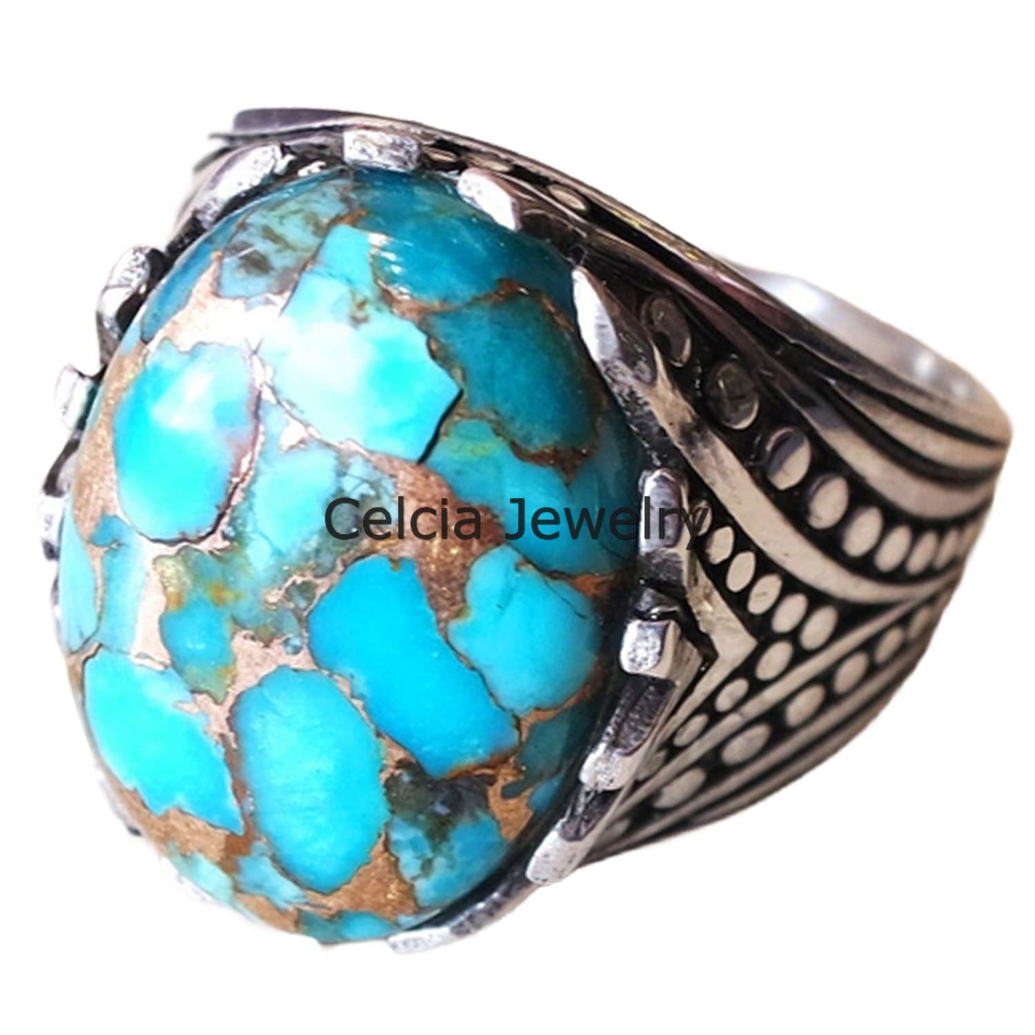 Bague ovale en cuivre bleu turquoise véritable pierre précieuse bleue, véritable argent sterling chevalière, bague de déclaration, bague de mariage, bague de cadeaux pour homme, cadeau unique pour lui