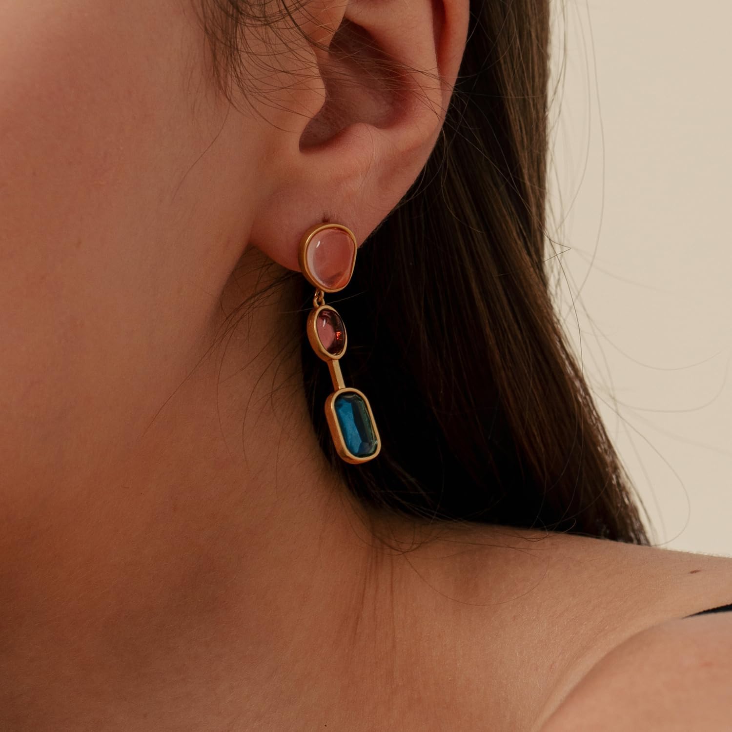 Natural Stone Dangle Earrings 18k Gold Plated Drop Earrings for Women Vintage Chain Earrings Boutique Statement Jewellery Trendy Gift for Girlfriend Mother - Image 2