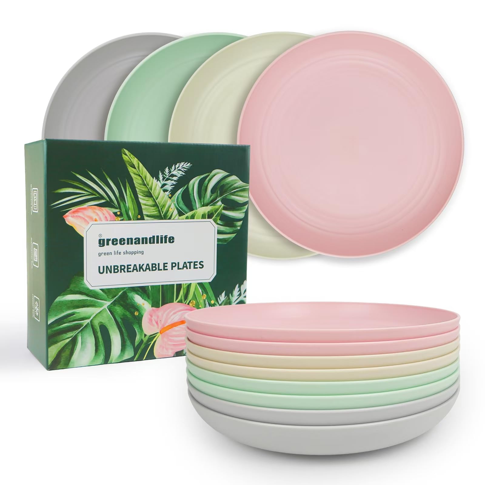 greenandlife 8 Pcs Dinner Plates, 10 inch Plastic Reusable Plates, Dishwasher & Microwave Safe PP Plates, Lightweight & Unbreakable, BPA Free