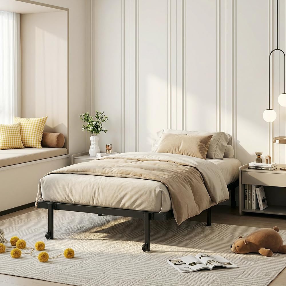Cama Plegable para 1 Persona de Metal, Marco de Cama Individual, 90 x 190 cm, Marco de Cama Plegable con 4 Ruedas, Negro