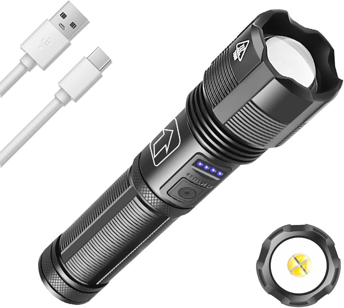 WIFEA Rechargeable 1000 Lumens Zoomable Flashlight with USB Charging, 5 Modes & Battery Indicator - Compact LED Flashlight for Camping, Hiking, Emergency