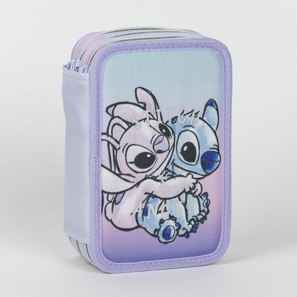 Astuccio multiscomparto Stitch e Angel Disney astuccio 3 zip per la scuola completo 44 pezzi penne matite colori pennarelli
