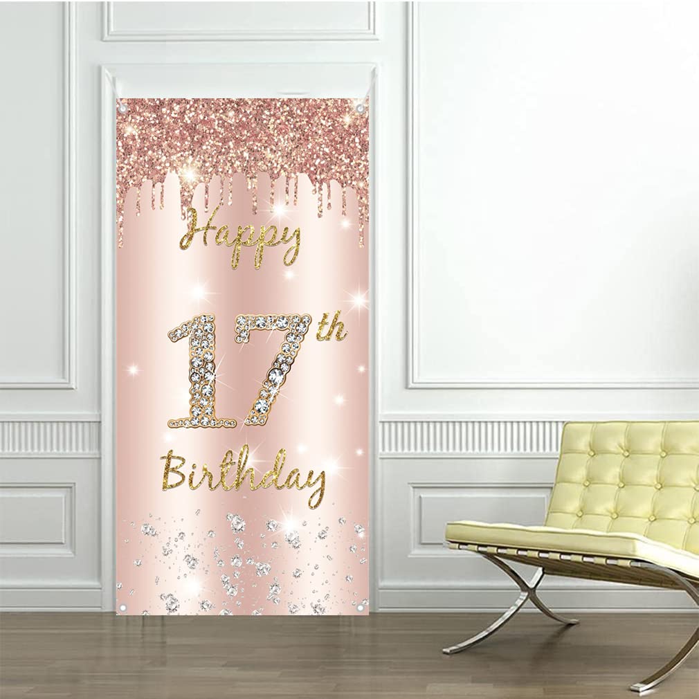 17. urodziny dziewczyna dekoracja, Happy 17 Birthday drzwi w kolorze różowego złota, baner z materiału na 17. urodziny materiał szyld plakat dekoracja drzwi baner, tło baner urodziny tło baner dekoracja na przyjęcie urodzinowe