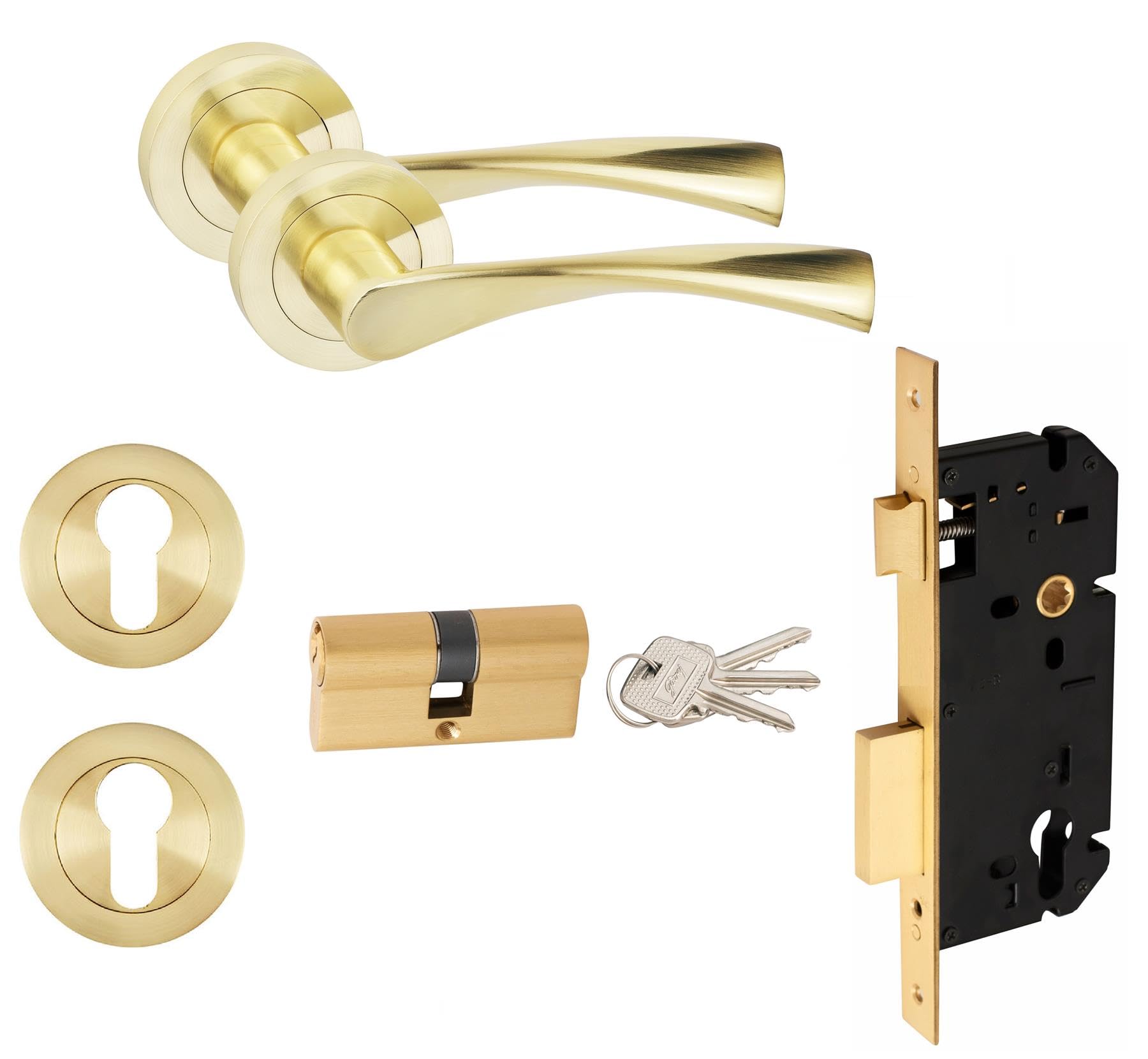 Golden Grace Astrid Design Euro 70mm Key Lock Door Handle Set Euro Lock Satin Brass