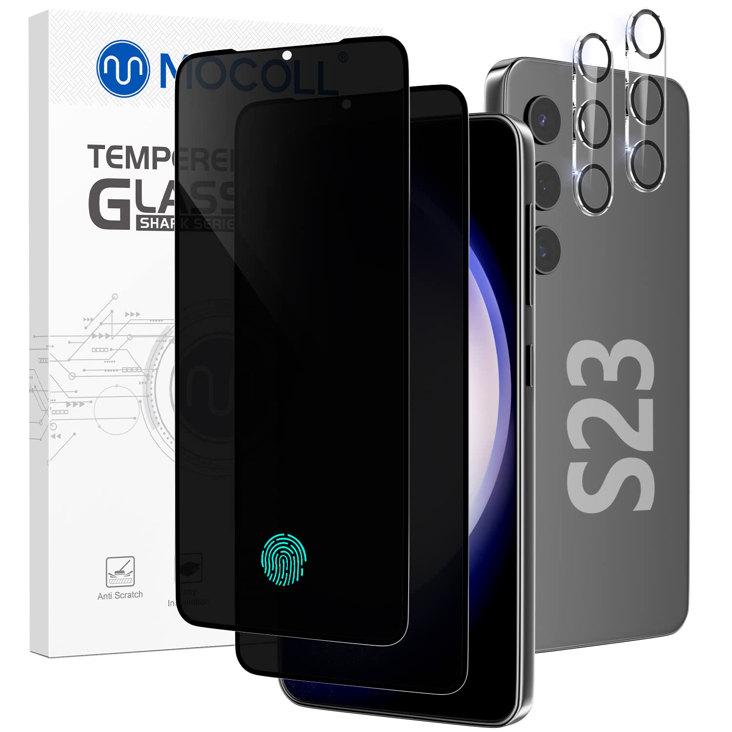 MOCOLL [2+2 Pack for Samsung Galaxy S23 Privacy Screen Protector Quick Fingerprint Unlock 5G 6.1 inch 9H Hardness Full Coverage Tempered Glass with Camera Lens Protector