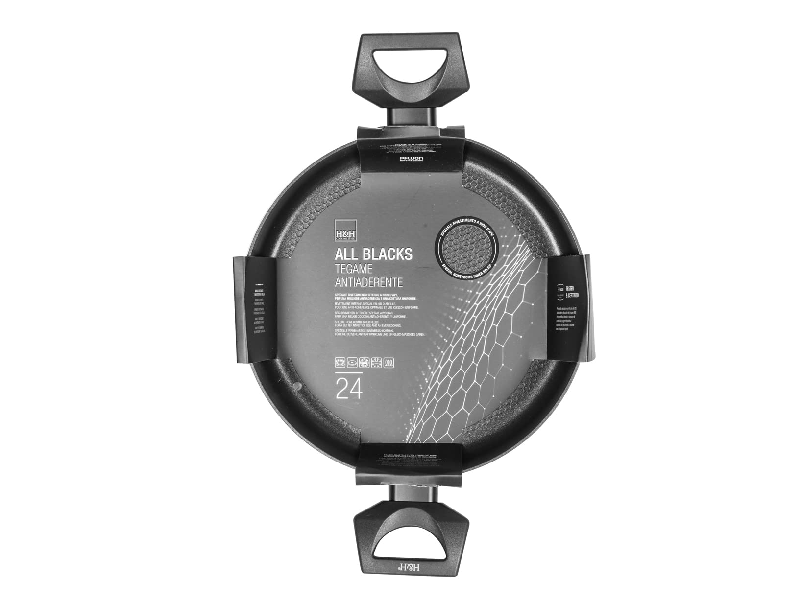 H&H All Blacks Tegame in Alluminio con rivestimento Antiaderente Pfluon, 24cm, Rivestimento interno a nido d'ape, Induzione
