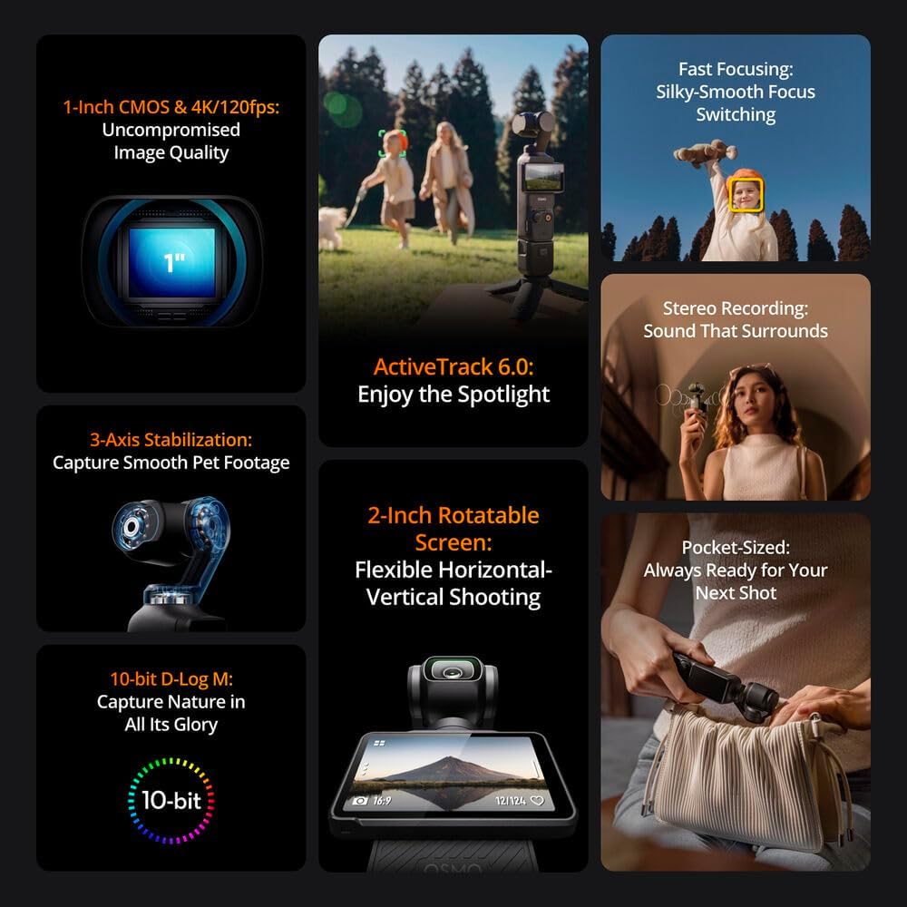 DJI Osmo Pocket 3 Creator Combo, 4K/120fps Video 3-Axis Stabilization, Handheld Vlogging Camera with Rotatable Touchscreen Mic 2 (CP.OS.00000302.01) + 64GB Memory Card + Camera Bag + More - Image 6