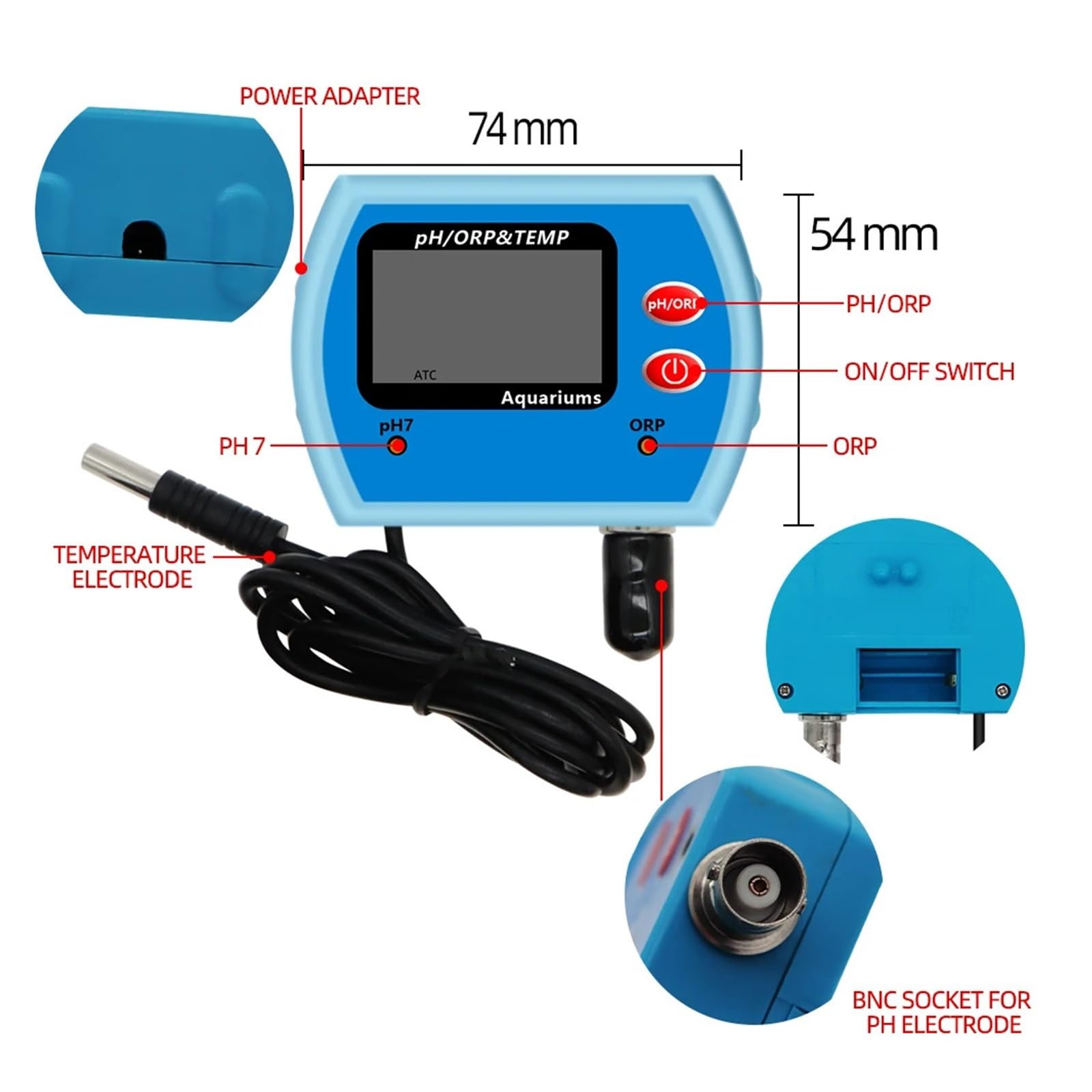 Testeur de qualité de l'eau Multi-Parameter PH Meter Water Quality Acidity Temp ORP Tester Redox Analyzer Monitor Big Screen