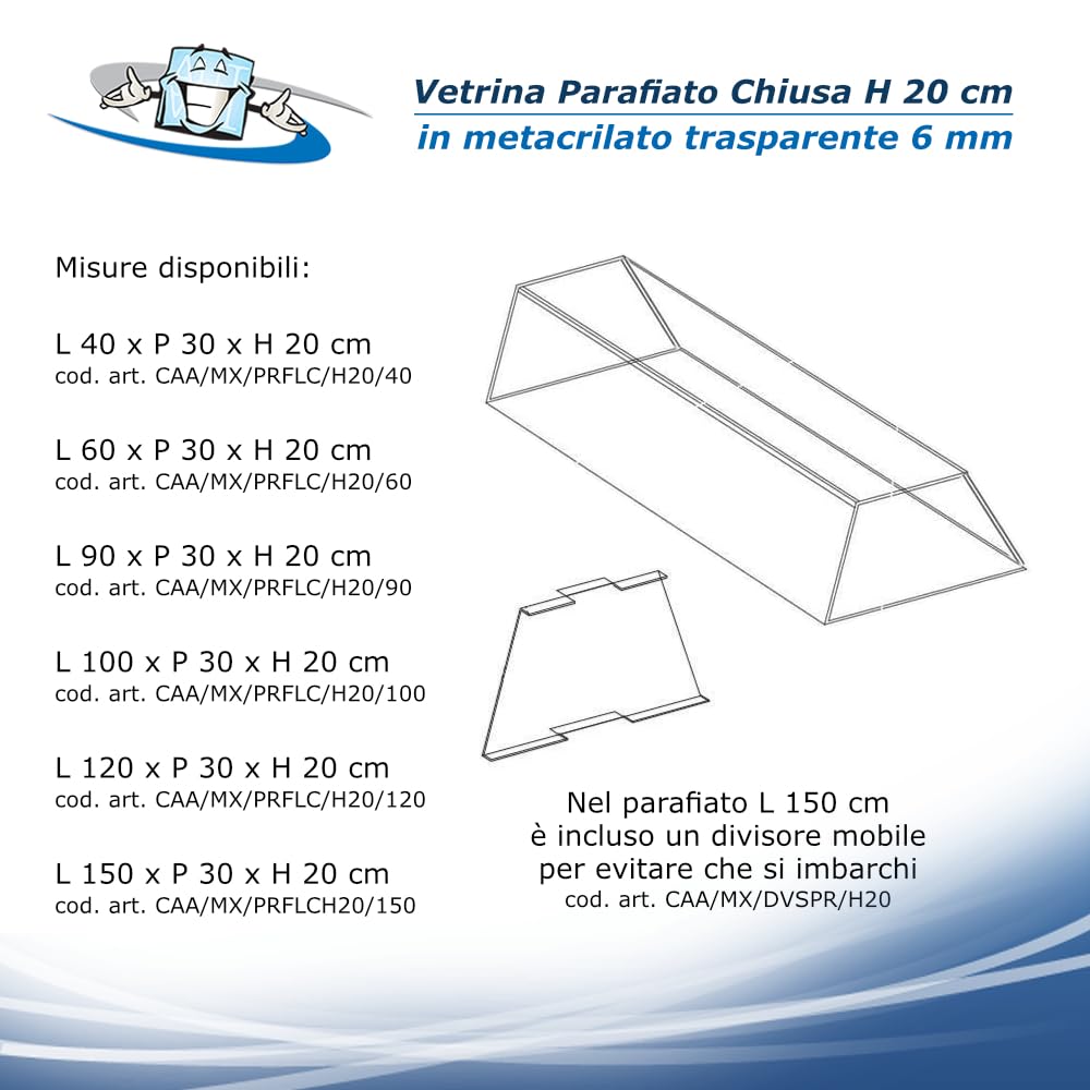 Vetrina da banco in plexiglass trasparente per alimenti H 20 cm aperta o chiusa su 3 lati disponibile con o senza sportello