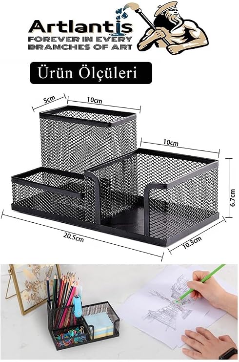Desktop Metal Pen Holder Set 3-Piece Combo 1-Pack Mesh Perforated Black Pen Holder Attaché Paper Holder Earring Organizer