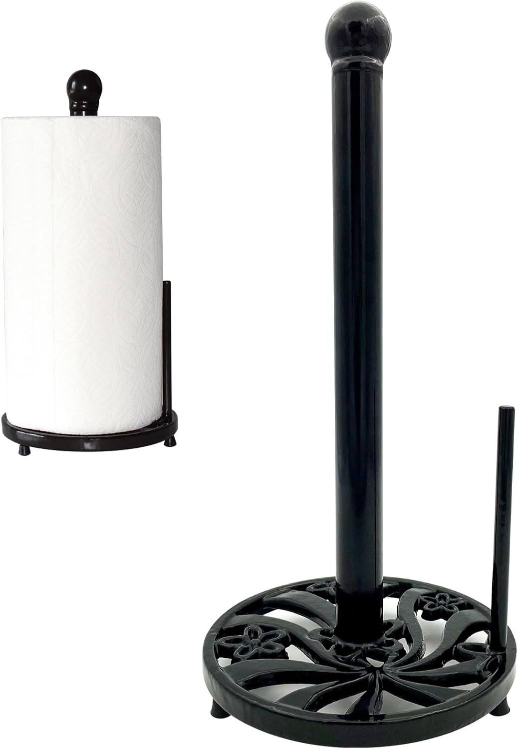Vintage Paper Towel Holder Countertop - Cast Iron Standing Roll Paper Towel Dispenser with Elegant and Heavy Daffodil Pattern Base for Kitchen Décor, Black Black-daffodil