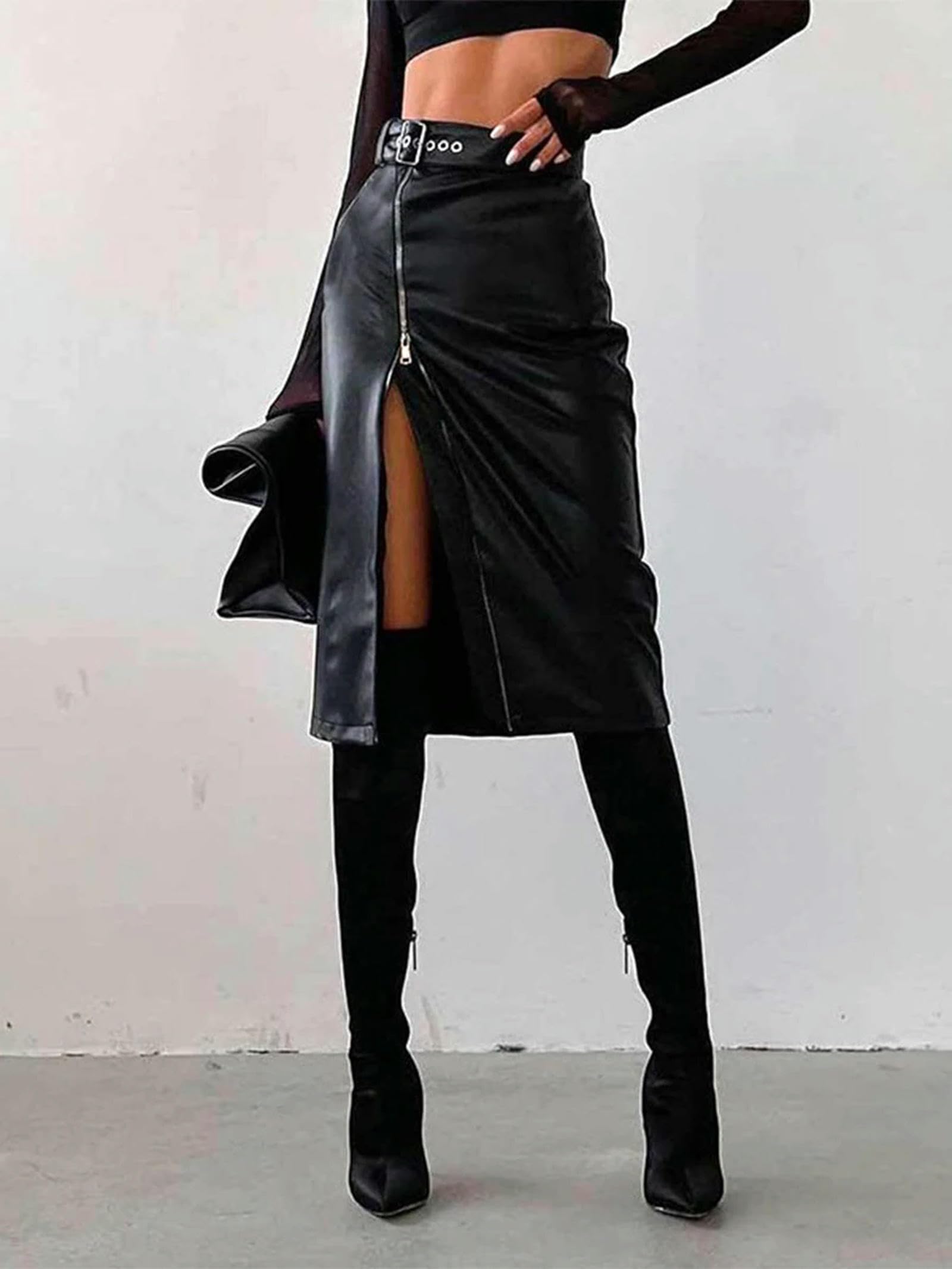 Gonna a Tubino in Similpelle da Donna, a Vita Alta, Aderente, con Spacchi e Cintura-Nero-M