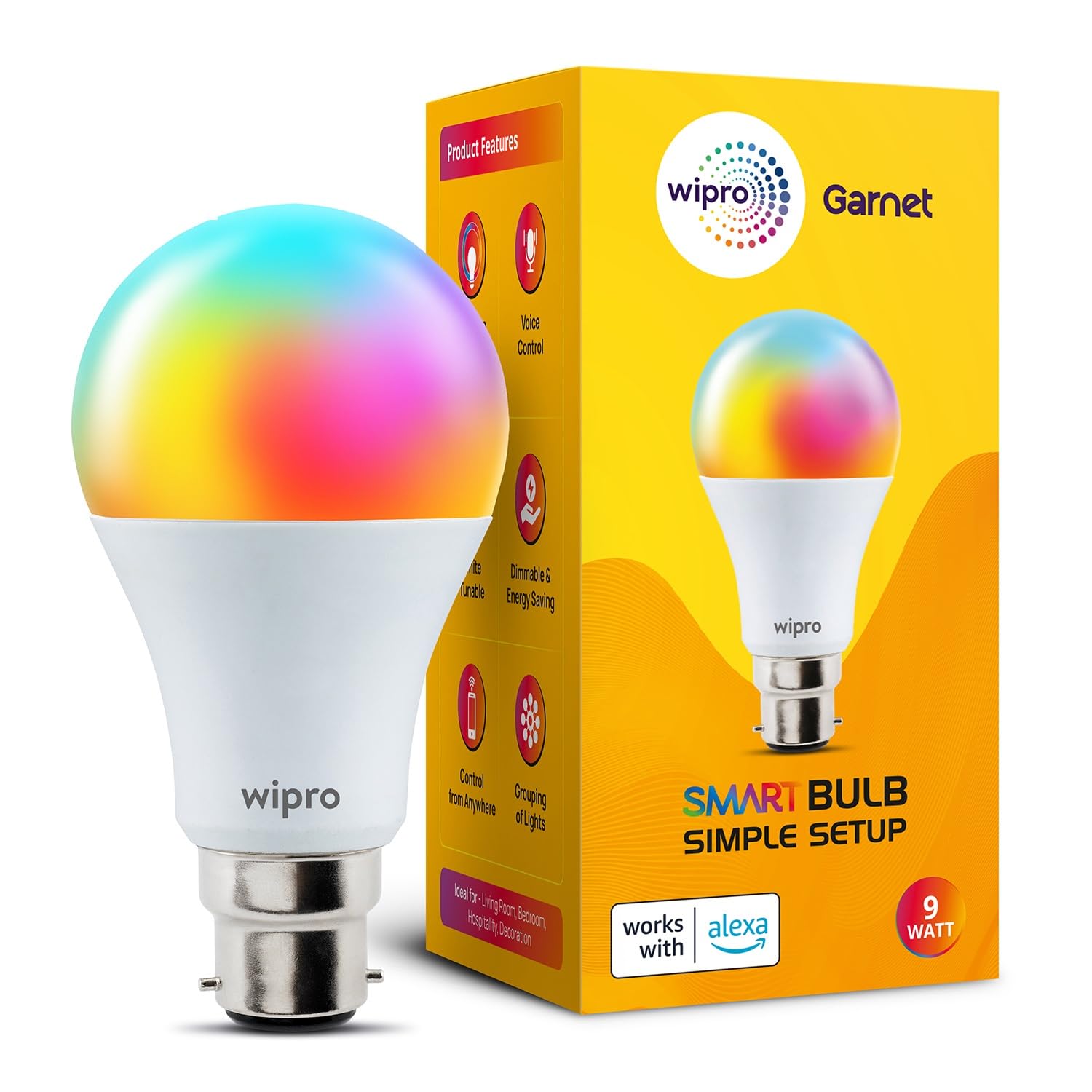 Wipro Alexa 9W Smart Bulb | Works with Alexa only | Simple Set Up with Alexa App | Color Changing | Dimmable | 2.4 GHz Wi-Fi, Pack of 1| b22d| LED