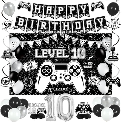 Vlipoeasn Video Game 10th Birthday Decorations for Boys(Black White)