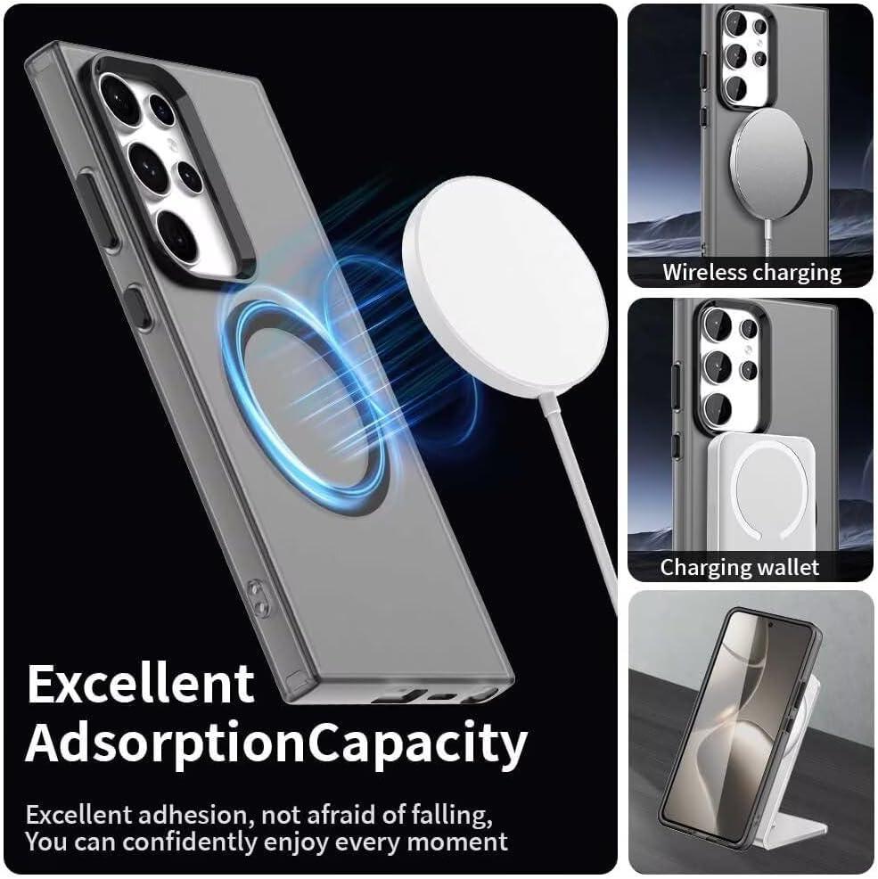 Image of Elzzi Magnetic Case for Samsung Galaxy S25 Ultra 5G Cover [Compatible with MagSafe] Slim Fit Shockproof Translucent Matte Hard Back Phone Cover with Protective Bumper for Men & Women (Black)