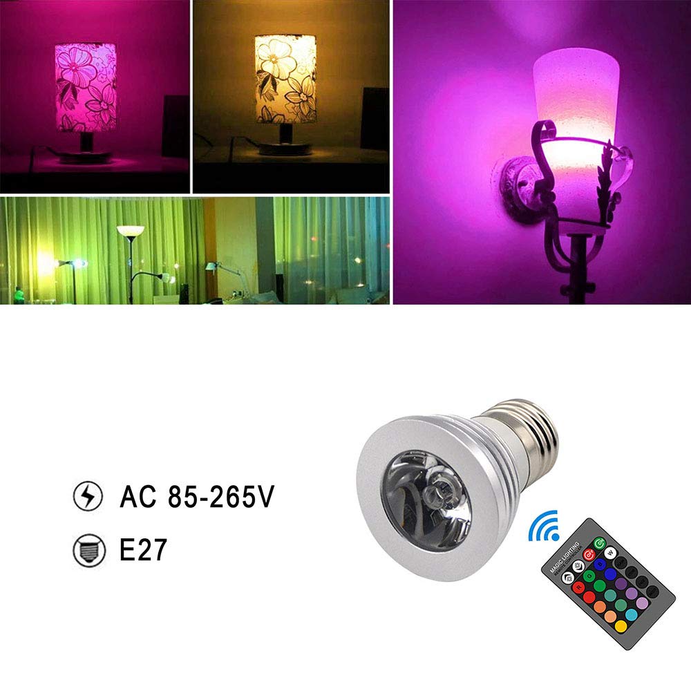 Generico Lampadina LED E27 con Telecomando, 3 W, 16 Colori a Scelta, con Funzione di Memoria, faretti a Risparmio energetico, Illuminazione d'atmosfera, Confezione da 6 lampadine