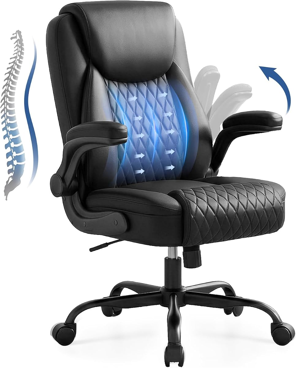 GTPOFFICE Executive Office Chair with Comfortable Lumbar Support, Ergonomic Gaming Chair with Flip-up Armrests & Zoned Pressure-Relief Cushion, Comfy PU Leather Desk Chair, Black