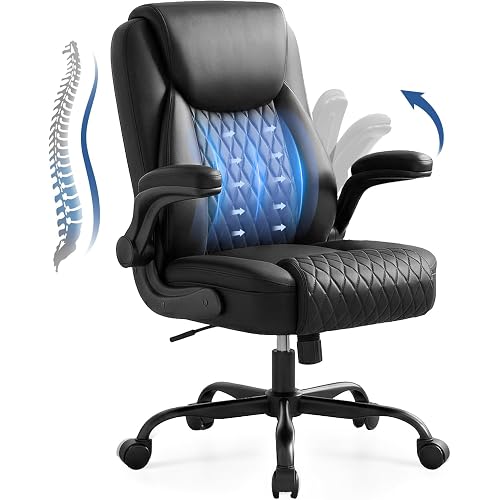 GTPOFFICE Executive Office Chair with Comfortable Lumbar Support, Ergonomic Gaming Chair with Flip-up Armrests & Zoned Pressure-Relief Cushion, Comfy PU Leather Desk Chair, Black