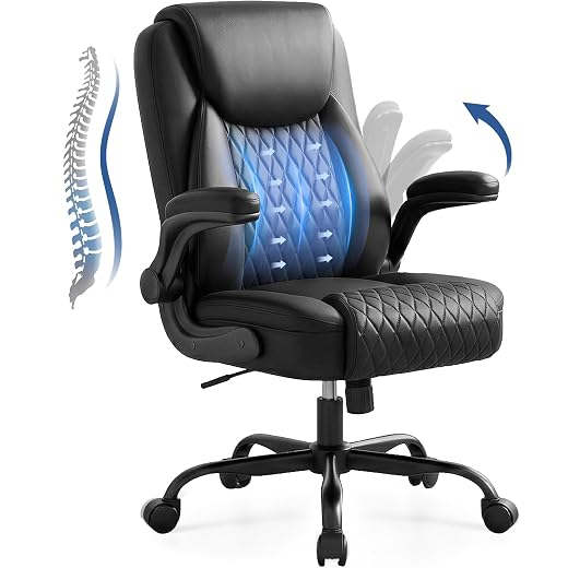 GTPOFFICE Executive Office Chair with Comfortable Lumbar Support, Ergonomic Gaming Chair with Flip-up Armrests & Zoned Pressure-Relief Cushion, Comfy PU Leather Desk Chair, Black