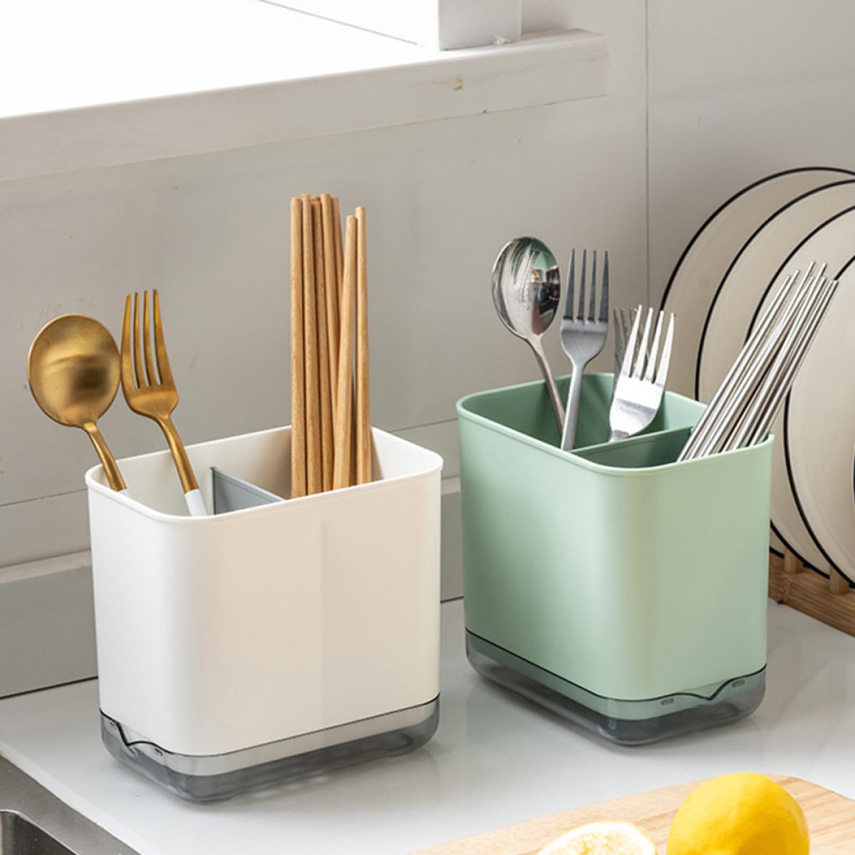 CANIGHT Organizer per Utensili da Cucina Multifunzionale Bianco, Porta Bacchette da Banco Scomparti e Scolapiatti, Portaposate Compatto per Cucchiai, Forchette e Bacchette, per Cucina