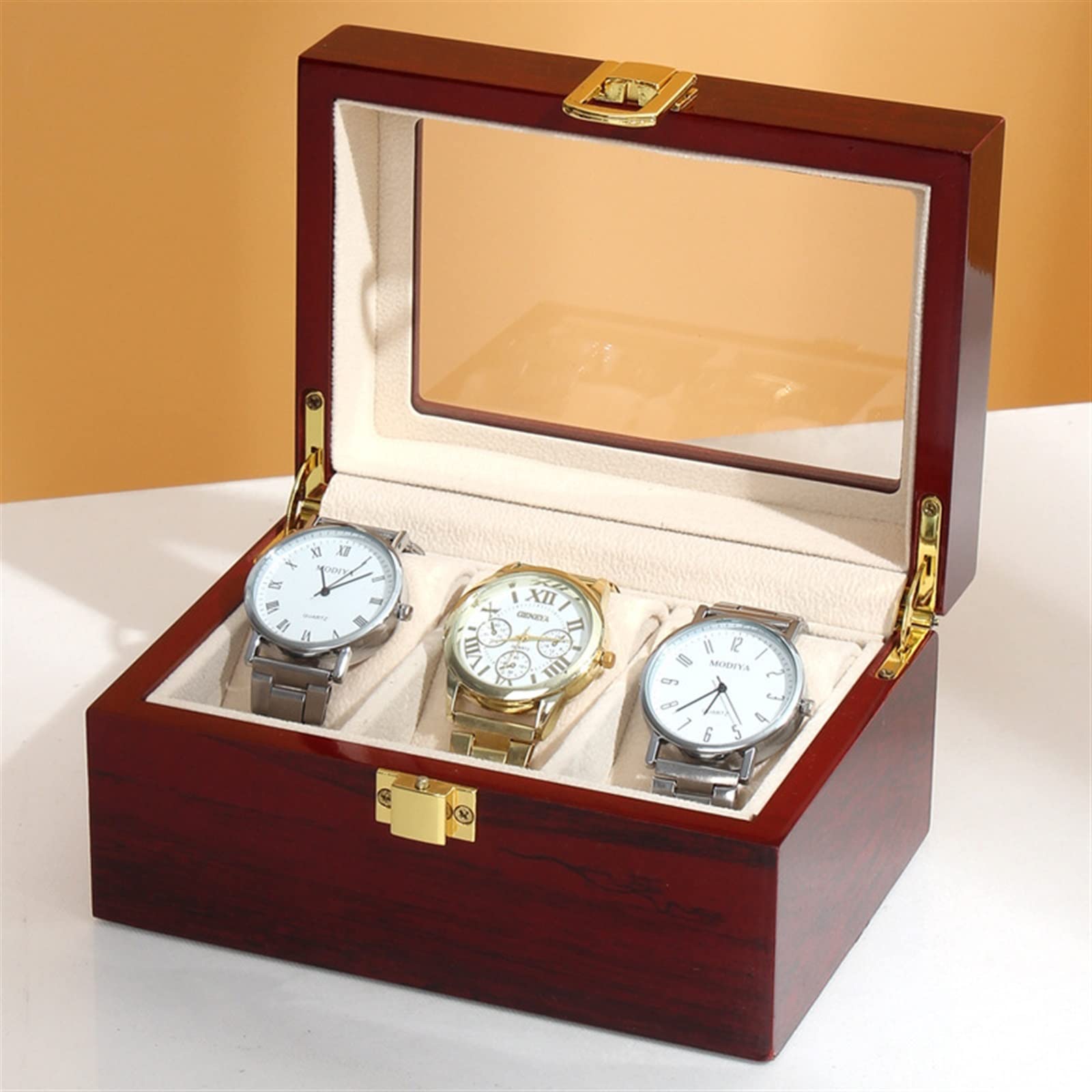 3 Slot Scatola di Legno Scatola Porta Orologi organizzatore for Uomo Laccato Orologio da Uomo Macchina Regalo Quarzo Rosso Scatola di immagazzinaggio Regalo di Compleanno