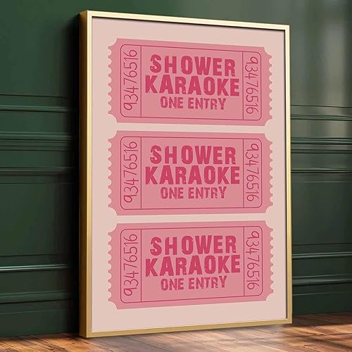 Miniatura 1 de Póster de ducha de karaoke, arte de pared con boletos de karaoke, arte de pared retro rosa, cuadros estéticos de color rosa, de moda, retro,