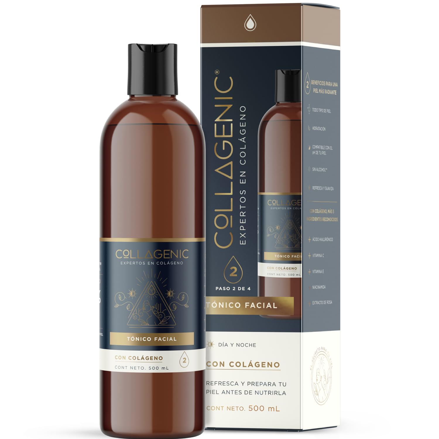 Collagenic | Tónico Limpiador de Poros Anti-imperfecciones con Agua de rosas, Niacinamida, Ácido Hialurónico y Colágeno| Limpia, Tonifica, Hidrata y Equilibra el PH|Adicionado con Vitamina E y C, 500 ml, Ideal Para Todo Tipo de Piel - Uso Diario